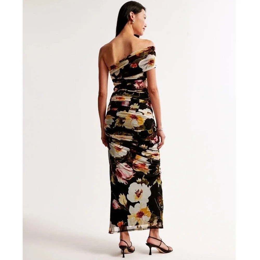 Abercrombie & Fitch Black Floral Mesh Off One Shoulder Ruched Maxi Dress Medium